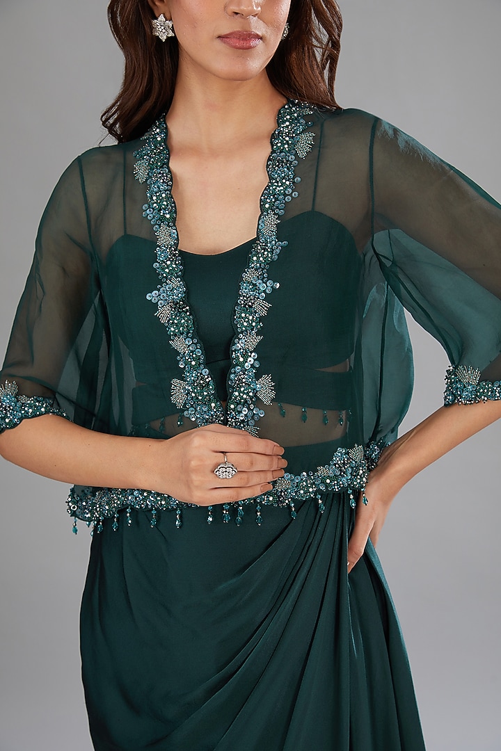 Green Satin Draped Skirt Set by Anjali Kanwar at Pernia's Pop Up Shop