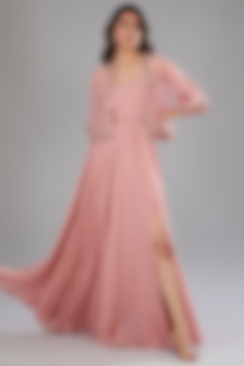 Pink Georgette Hand Embroidered Jacket Party Wear Dress by Anjali Kanwar at Pernia's Pop Up Shop