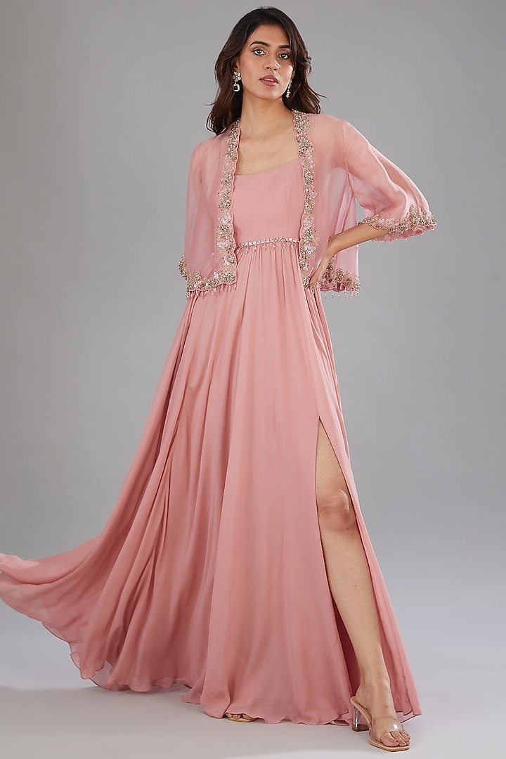 Pink Georgette Hand Embroidered Jacket Party Wear Dress by Anjali Kanwar at Pernia's Pop Up Shop