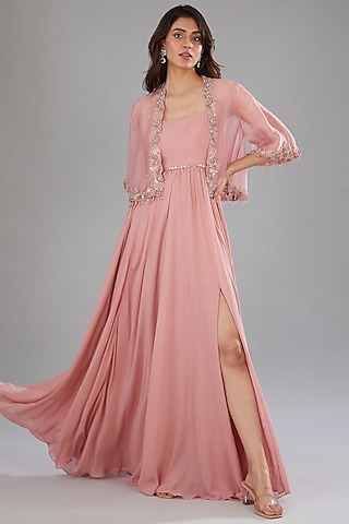 Pink Georgette Hand Embroidered Jacket Dress by Anjali Kanwar
