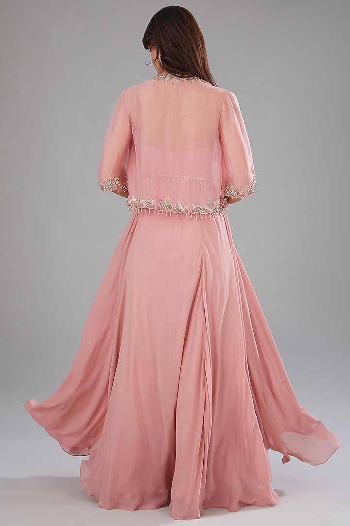 Pink Georgette Hand Embroidered Jacket Party Wear Dress by Anjali Kanwar at Pernia's Pop Up Shop