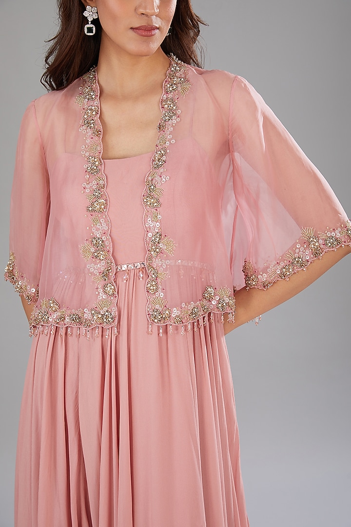 Pink Georgette Hand Embroidered Jacket Party Wear Dress by Anjali Kanwar at Pernia's Pop Up Shop