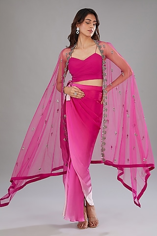 Pink Ombre Viscose Polyester Skirt Set by Anjali Kanwar