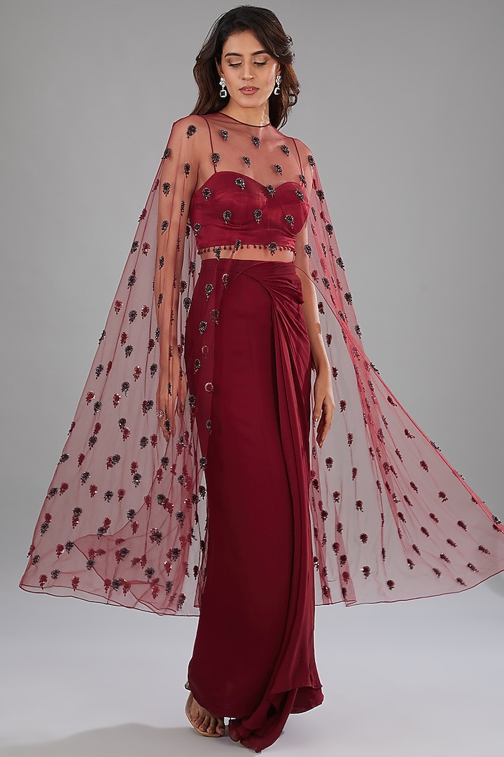 Red Silk Nylon Draped Skirt Set by Anjali Kanwar