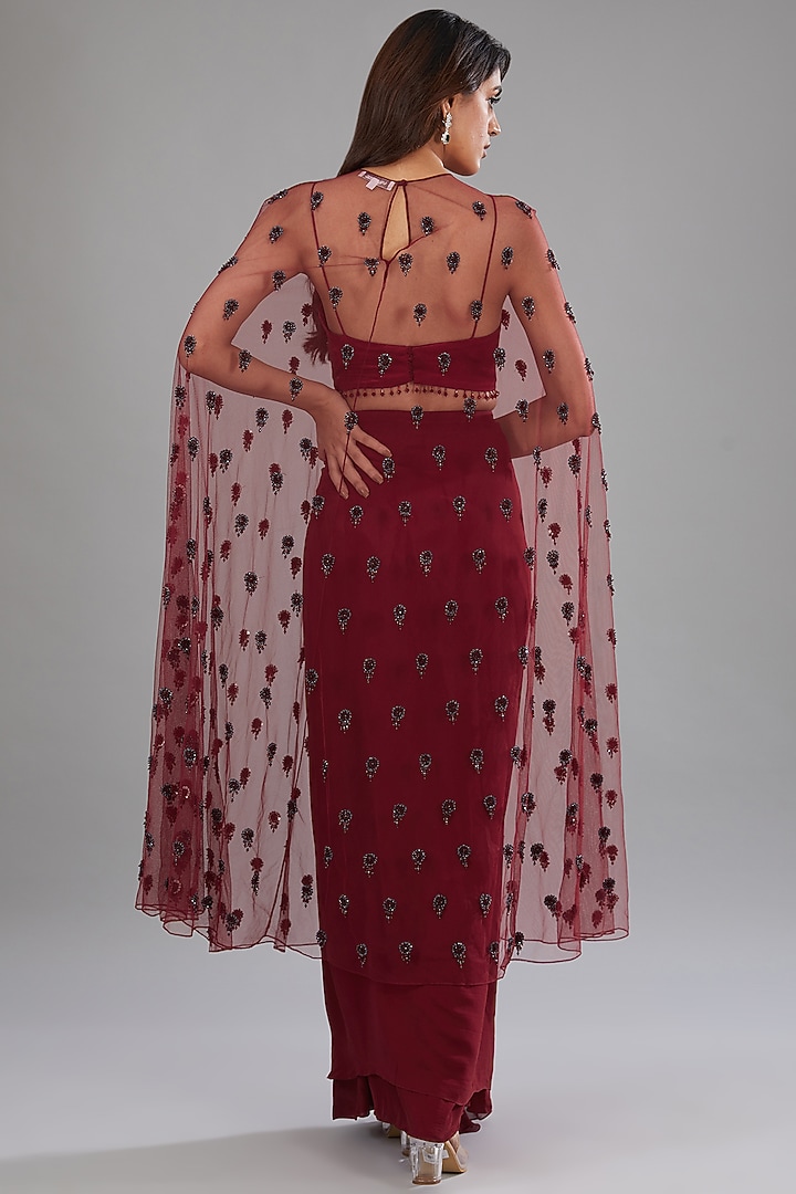 Red Silk Nylon Draped Skirt Set by Anjali Kanwar at Pernia's Pop Up Shop