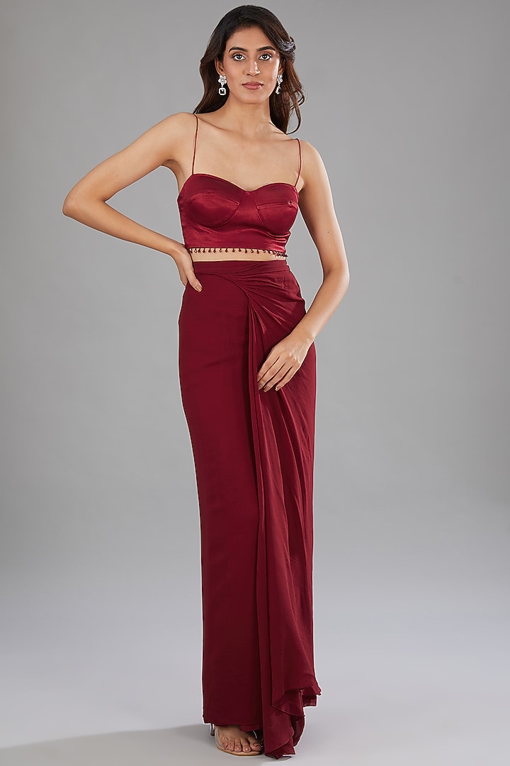 Red Silk Nylon Draped Skirt Set by Anjali Kanwar at Pernia's Pop Up Shop