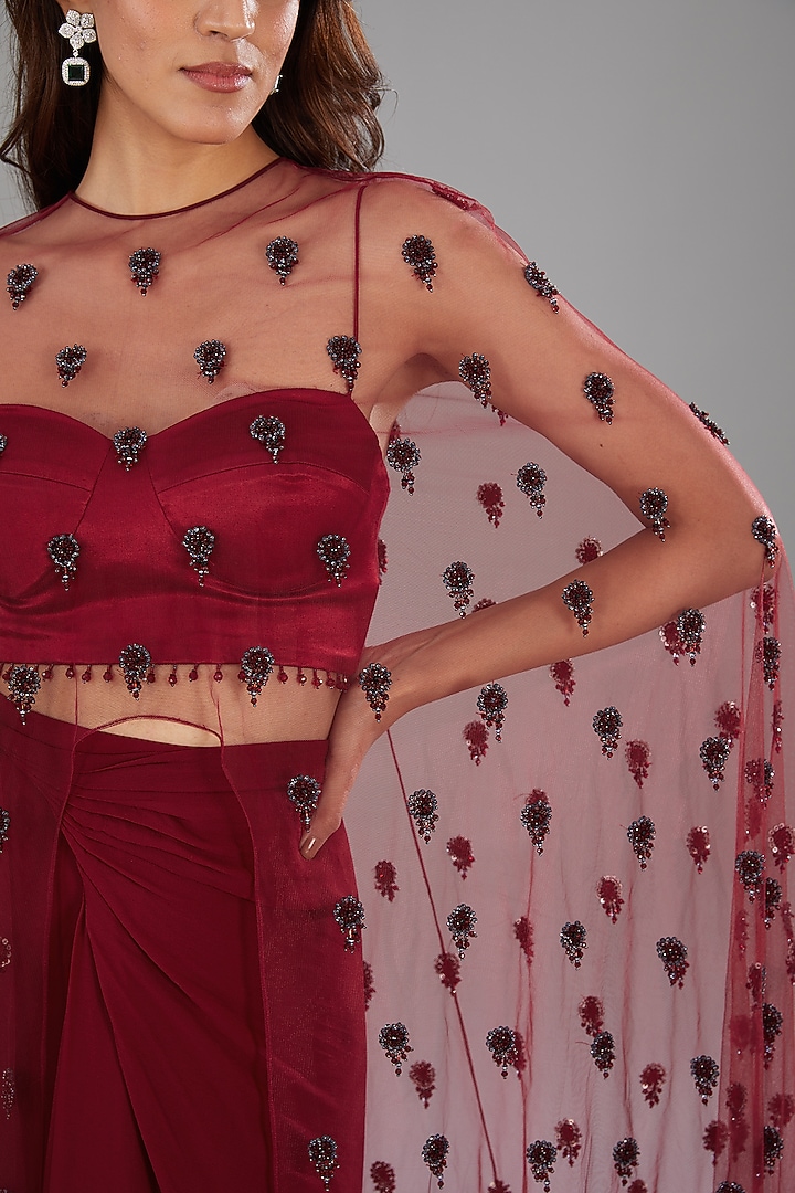 Red Silk Nylon Draped Skirt Set by Anjali Kanwar at Pernia's Pop Up Shop
