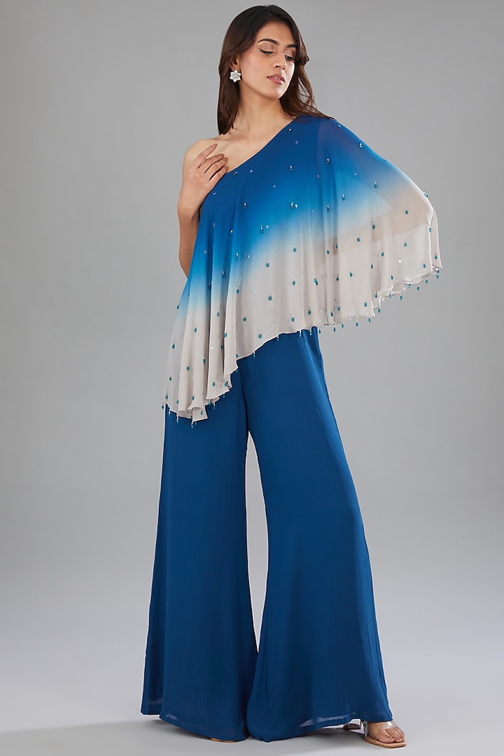 Blue & Grey Viscose Hand Embroidered Ombre Jumpsuit by Anjali Kanwar