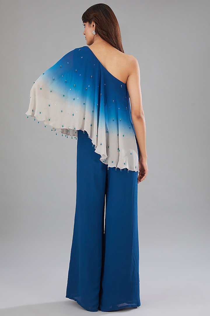 Blue & Grey Viscose Hand Embroidered Ombre Jumpsuit by Anjali Kanwar at Pernia's Pop Up Shop