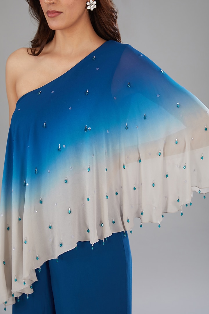 Blue & Grey Viscose Hand Embroidered Ombre Jumpsuit by Anjali Kanwar at Pernia's Pop Up Shop