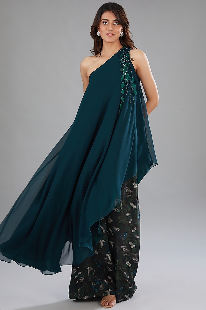 Teal Viscose Polyester Off-Shoulder Embroidered Tunic Set by Anjali Kanwar