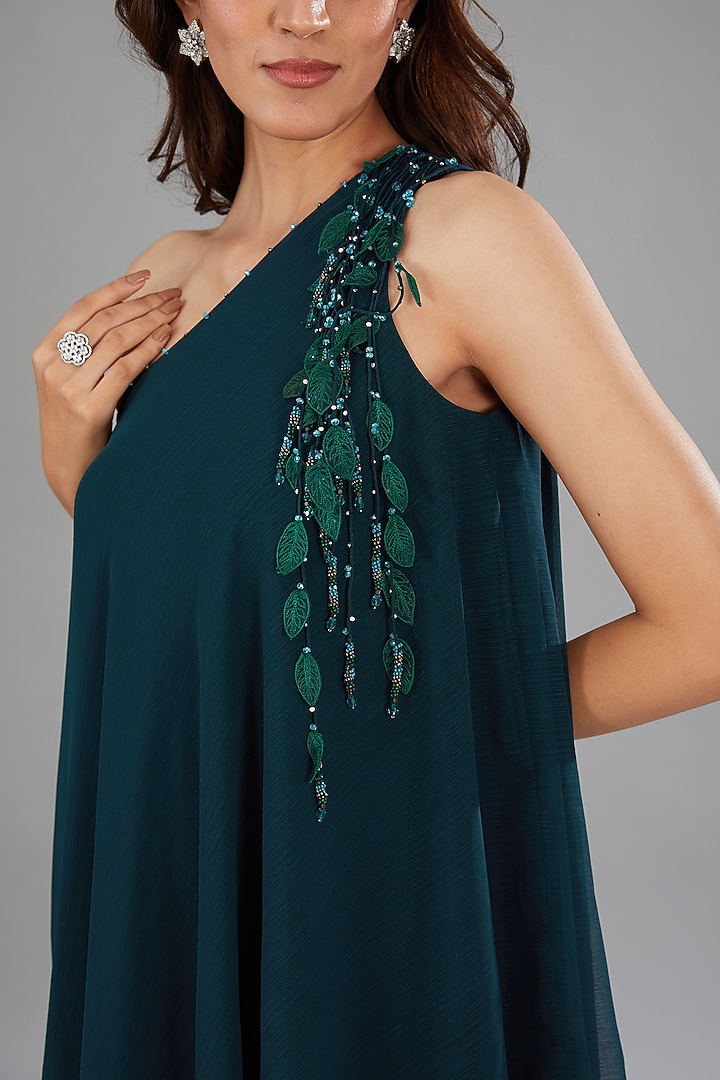 Teal Viscose Polyester Off-Shoulder Embroidered Tunic Set by Anjali Kanwar at Pernia's Pop Up Shop