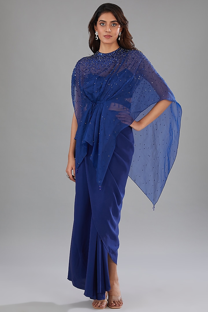 Blue Silk Draped Skirt Set by Anjali Kanwar