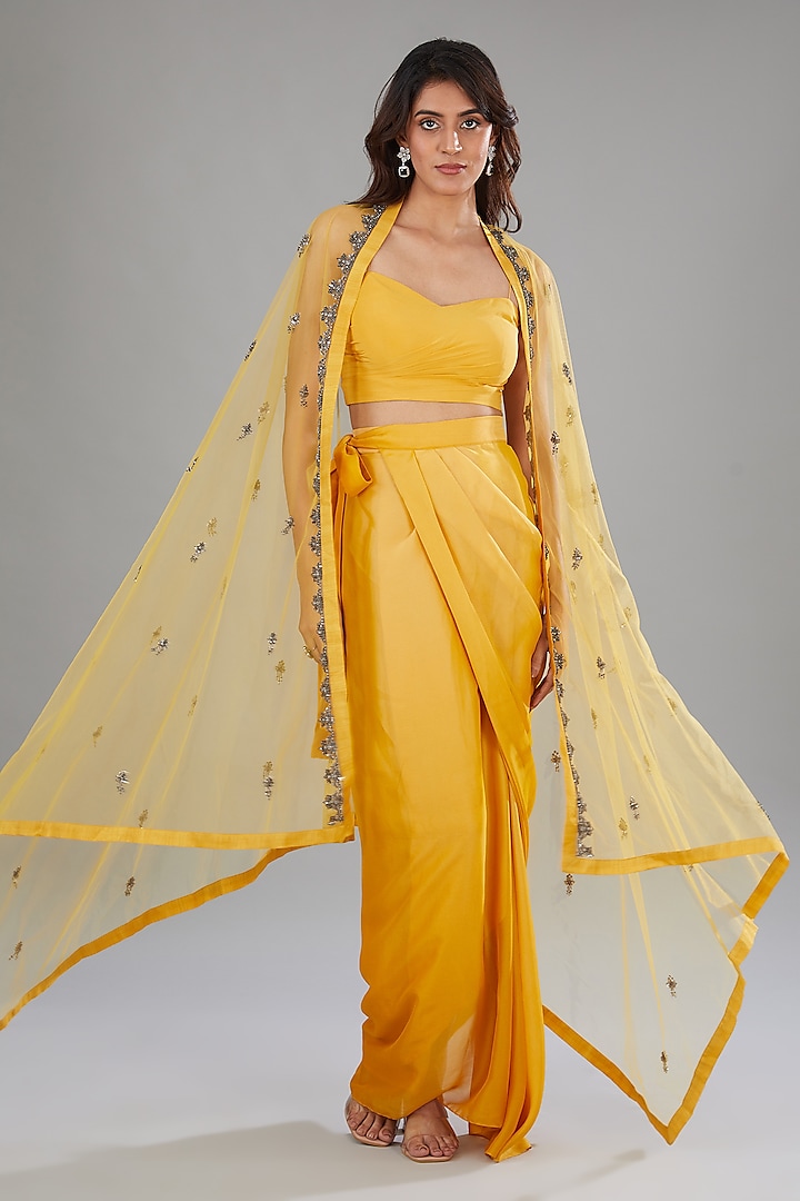 Yellow Viscose Nylon Polyester Ombre Skirt Set by Anjali Kanwar