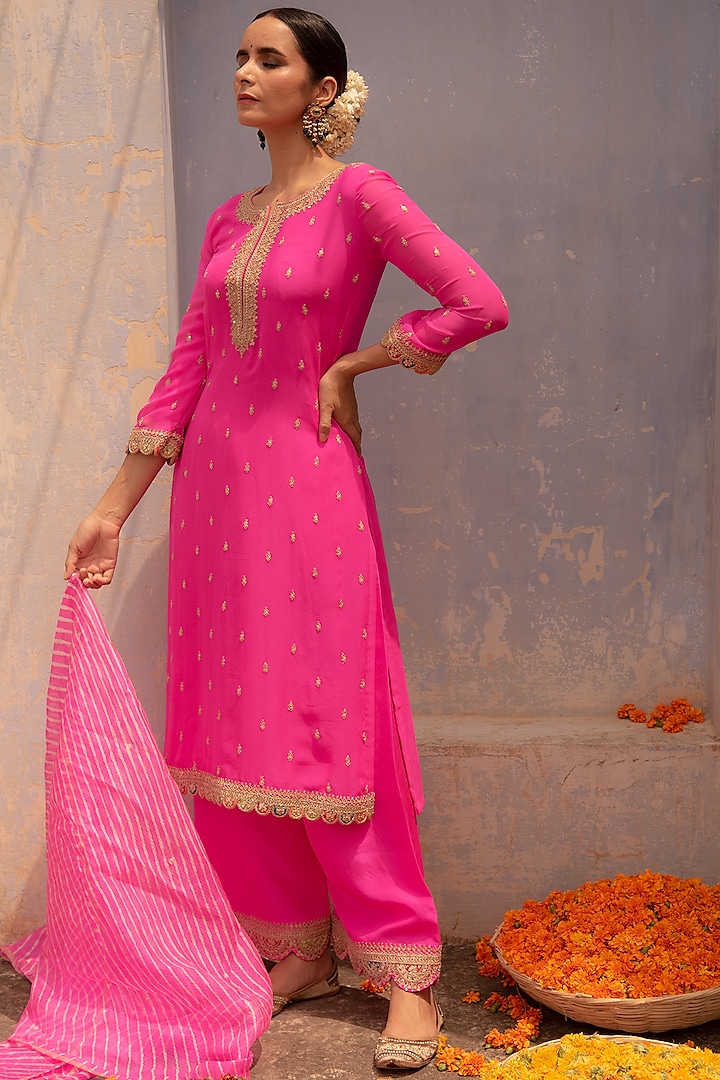 Hot Pink Georgette Patchwork Straight Kurta Set by Apeksha Jain Label