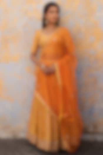 Saffron Orange Silk Gota Patti Lehenga Set by Apeksha Jain Label