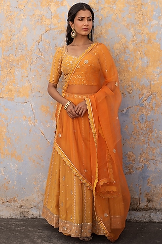Saffron Orange Silk Gota Patti Lehenga Set by Apeksha Jain Label