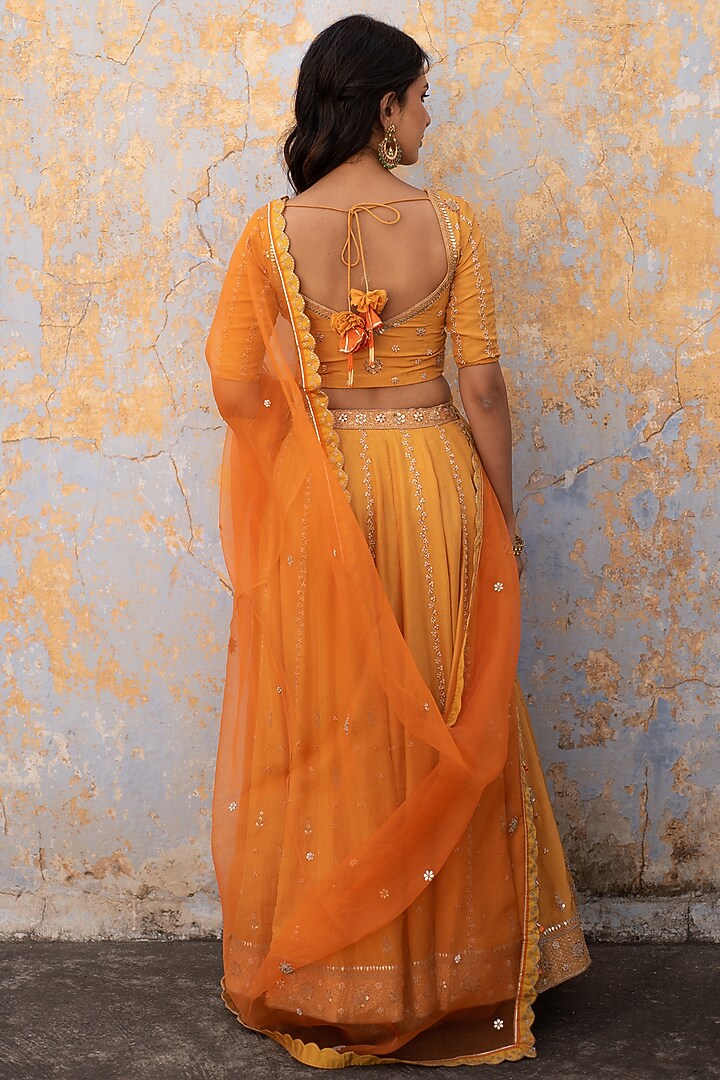 Saffron Orange Silk Gota Patti Wedding Lehenga Set by Apeksha Jain Label at Pernia's Pop Up Shop