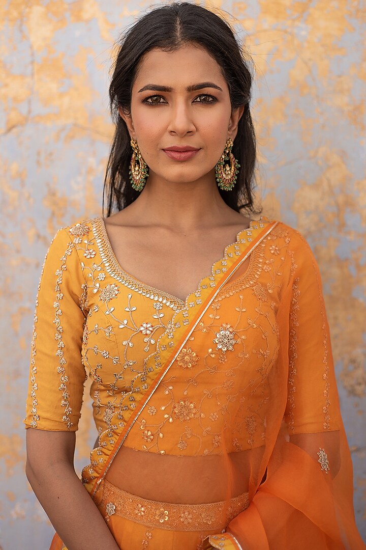 Saffron Orange Silk Gota Patti Wedding Lehenga Set by Apeksha Jain Label at Pernia's Pop Up Shop