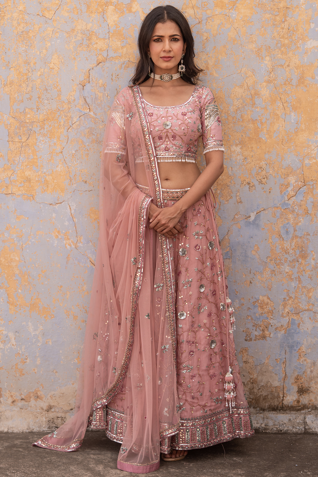Onion Pink Organza Sequins & Crystal Embellished Bridal Lehenga Set by Apeksha Jain Label at Pernia's Pop Up Shop