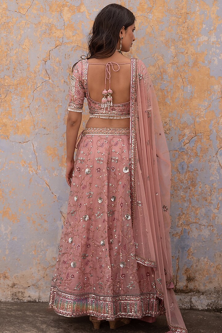 Elegant Pink Organza Lehenga with Crystal and Beadwork