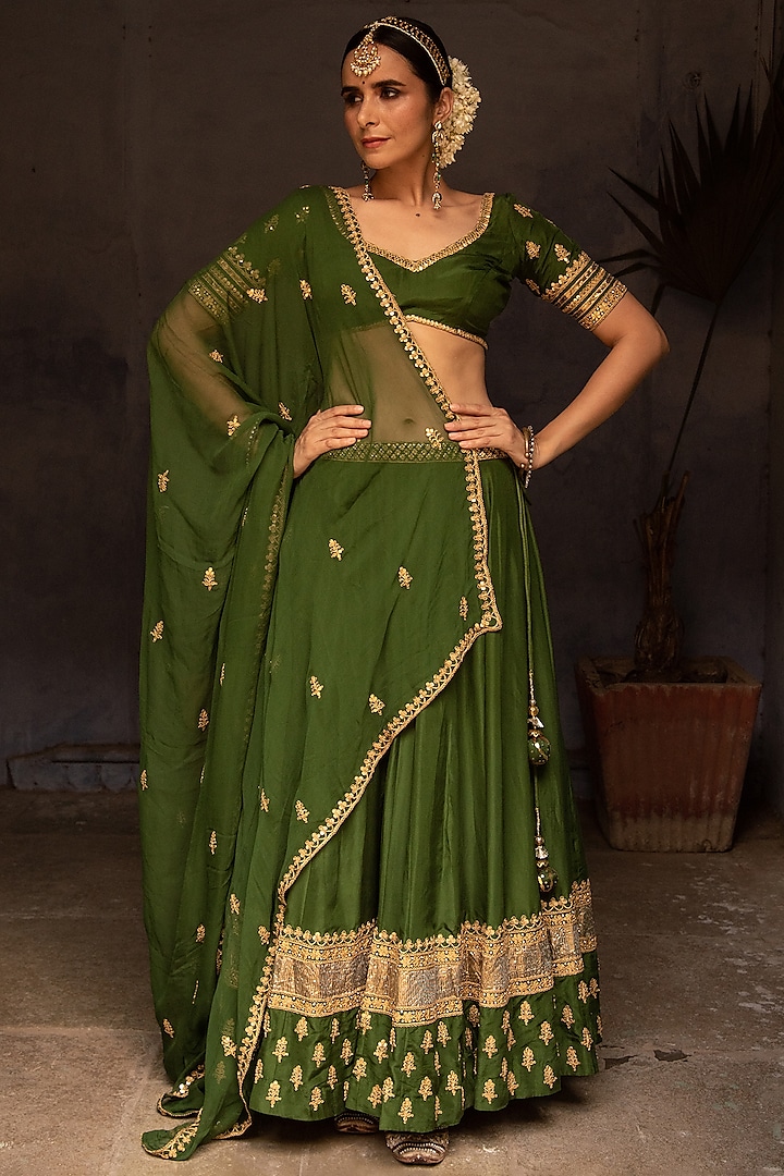 Leaf Green Silk Gota Patti Lehenga Set by Apeksha Jain Label