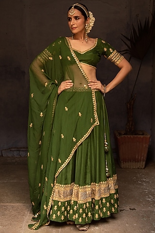 Leaf Green Silk Gota Patti Lehenga Set by Apeksha Jain Label
