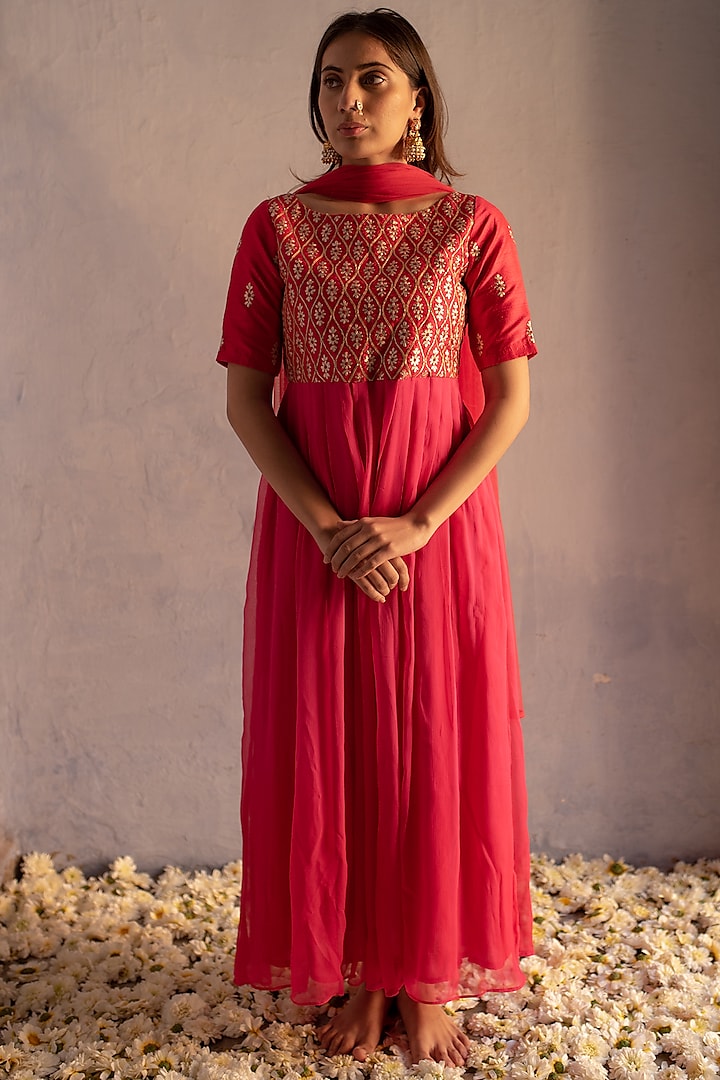 Gajri Pink Raw Silk & Chiffon Machine Embroidered Gown With Dupatta by Apeksha Jain Label