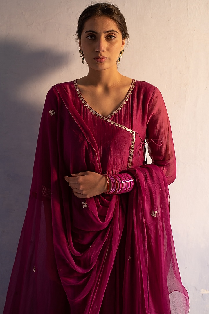 Ink Blue Chanderi Kurta Set With Aari Work, Bamber Tulip Pants With Organza Dupatta