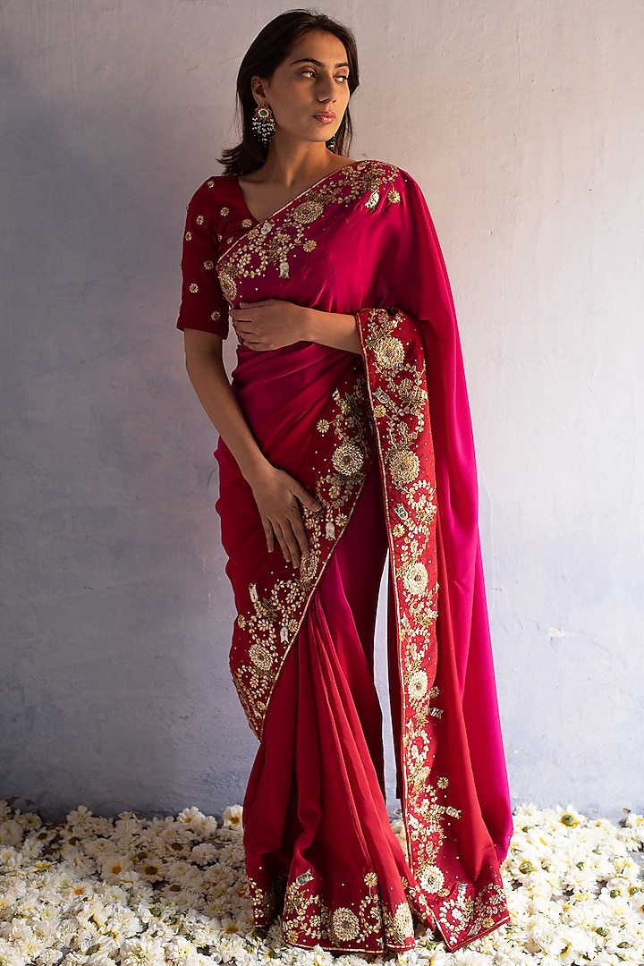 Red & Rani Pink Pure Crepe Hand Embroidered Saree Set by Apeksha Jain Label