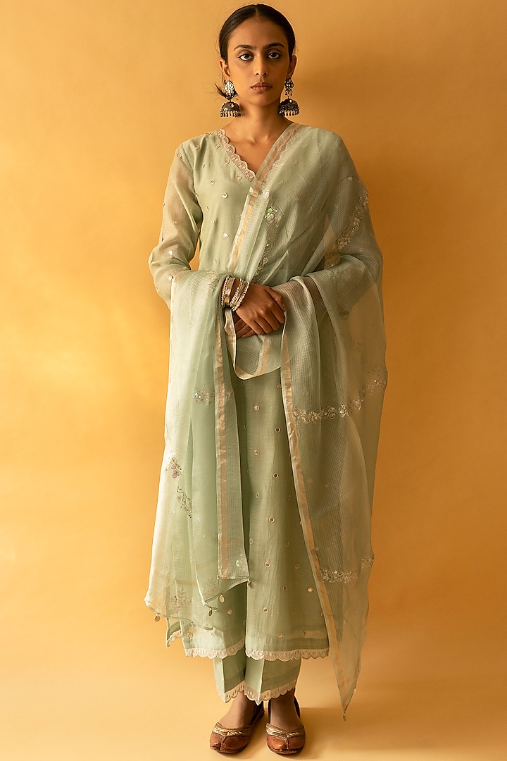 Ice Green Chanderi Kasab Hand Embroidered Kurta Set by Apeksha Jain Label