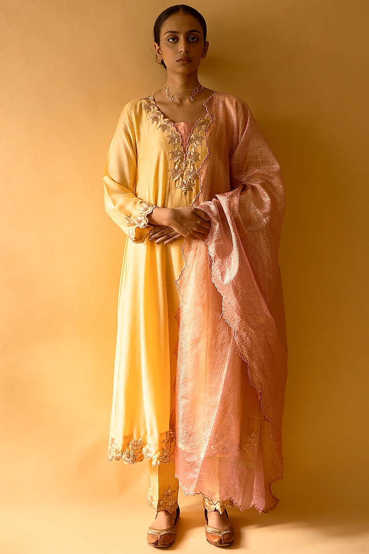 Yellow & Pink Cotton Silk Kalabattu Embroidered Kurta Set by Apeksha Jain Label