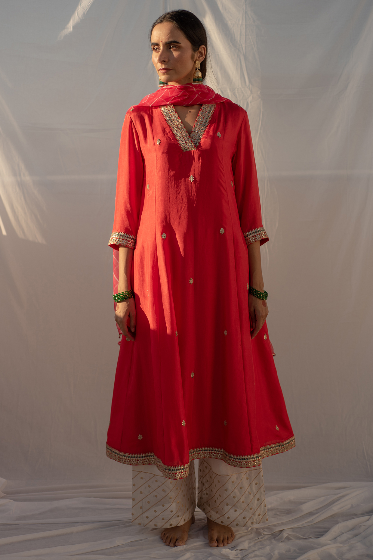 Light Red Silk Gota Embroidered Kurta Set by Apeksha Jain Label