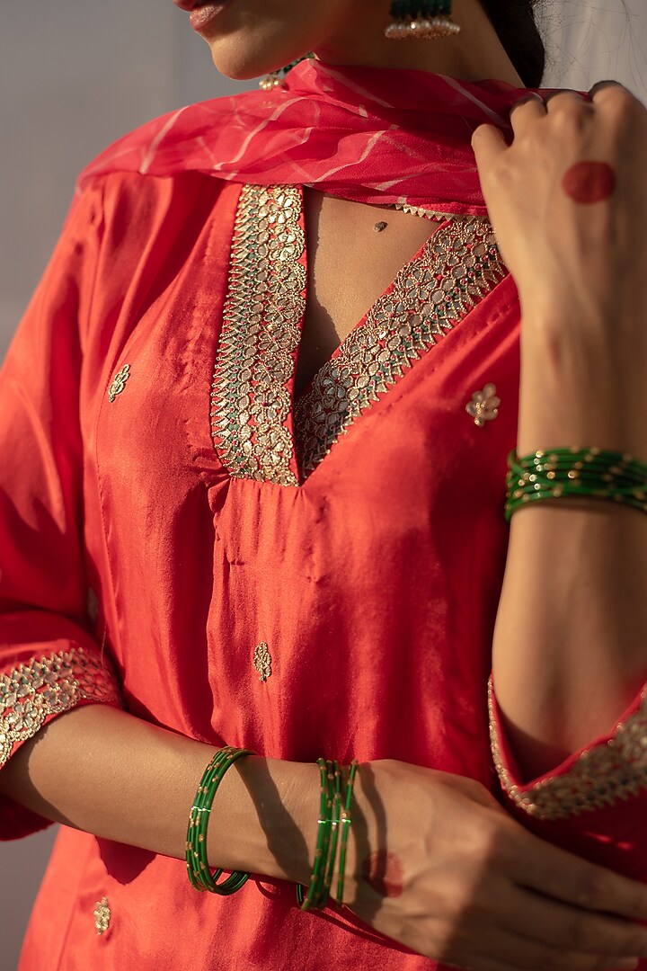 Light Red Silk Gota Embroidered Kurta Set by Apeksha Jain Label at Pernia's Pop Up Shop