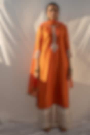 Saffron Chanderi Gota Patti Work Straight Kurta Set by Apeksha Jain Label