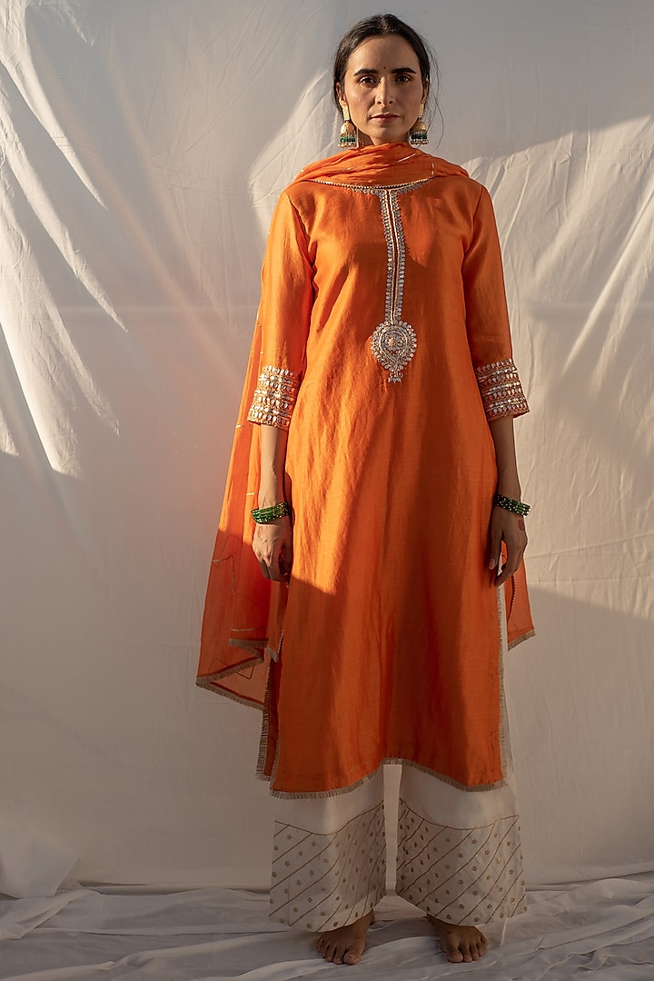 Saffron Chanderi Gota Patti Work Straight Kurta Set by Apeksha Jain Label