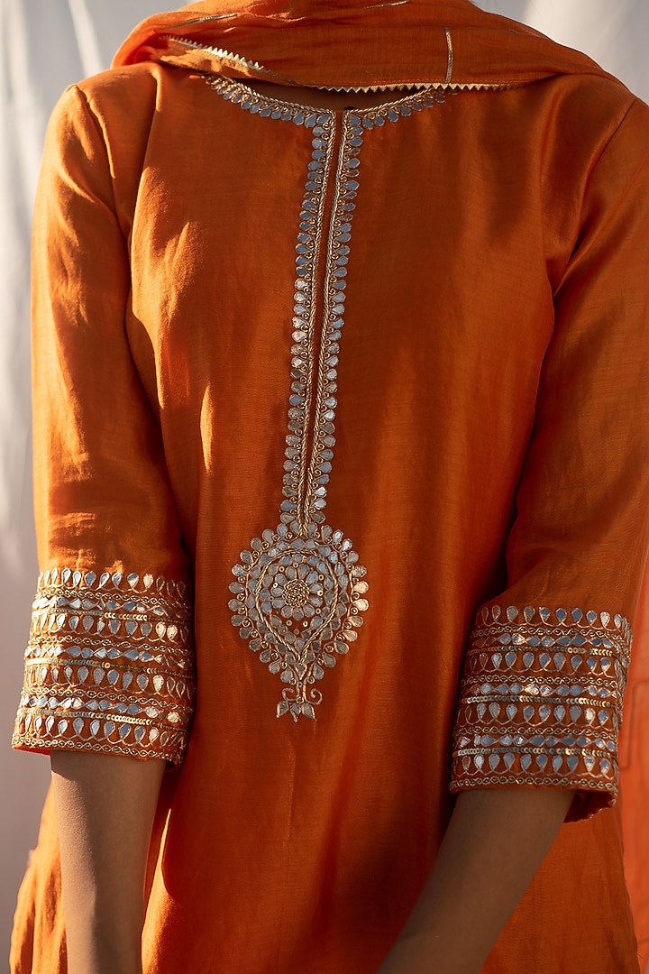 Saffron Chanderi Gota Patti Work Straight Kurta Set by Apeksha Jain Label at Pernia's Pop Up Shop