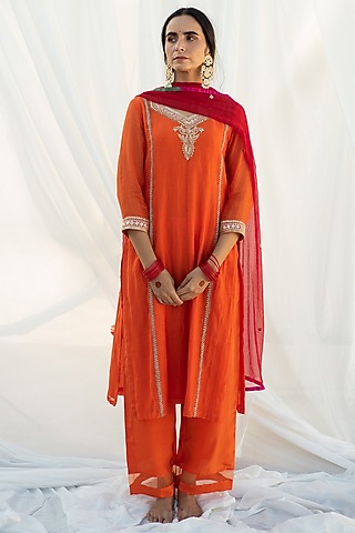 Bright Orange Chanderi Marori Hand Embroidered Kurta Set by Apeksha Jain Label