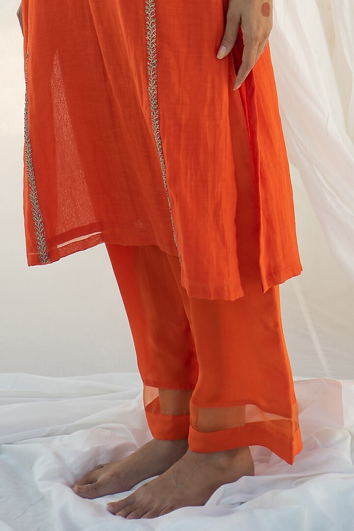 Bright Orange Chanderi Marori Hand Embroidered Kurta Set by Apeksha Jain Label at Pernia's Pop Up Shop