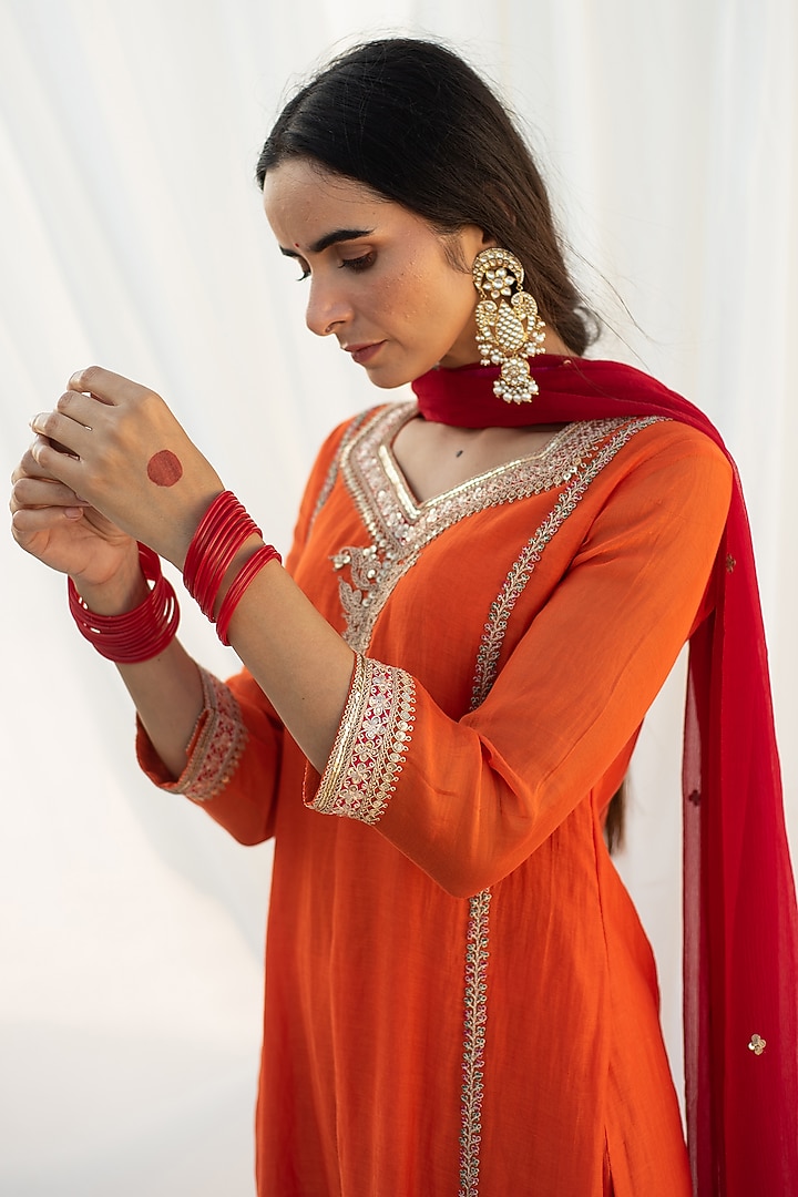 Bright Orange Chanderi Marori Hand Embroidered Kurta Set by Apeksha Jain Label at Pernia's Pop Up Shop