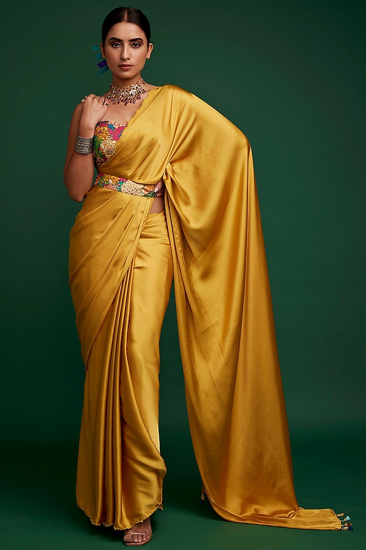 Mustard Gold Silk Saree Set by Apeksha Jain Label