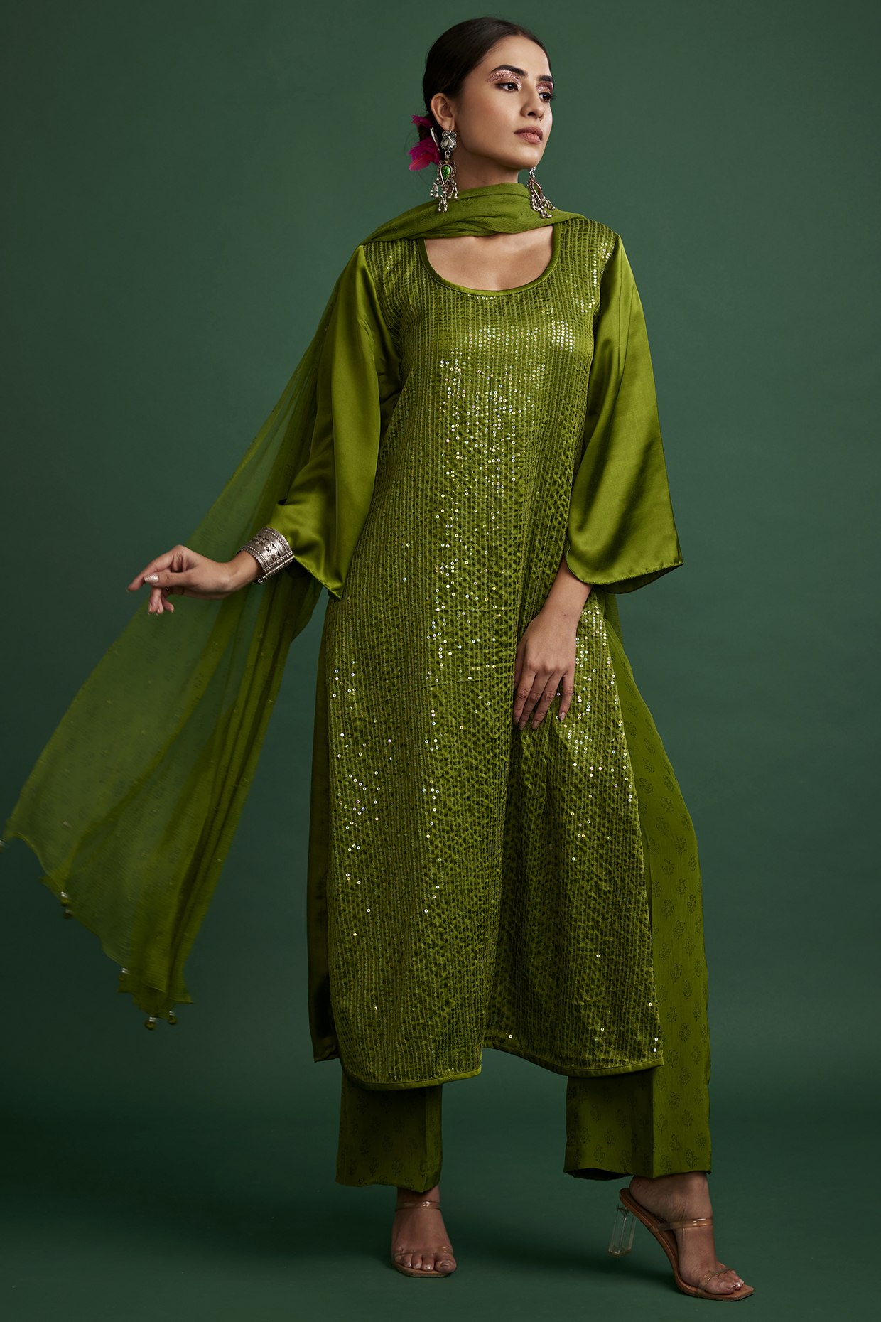 Olive Silk Satin Sequins Handcrafted Kurta Set by Apeksha Jain Label