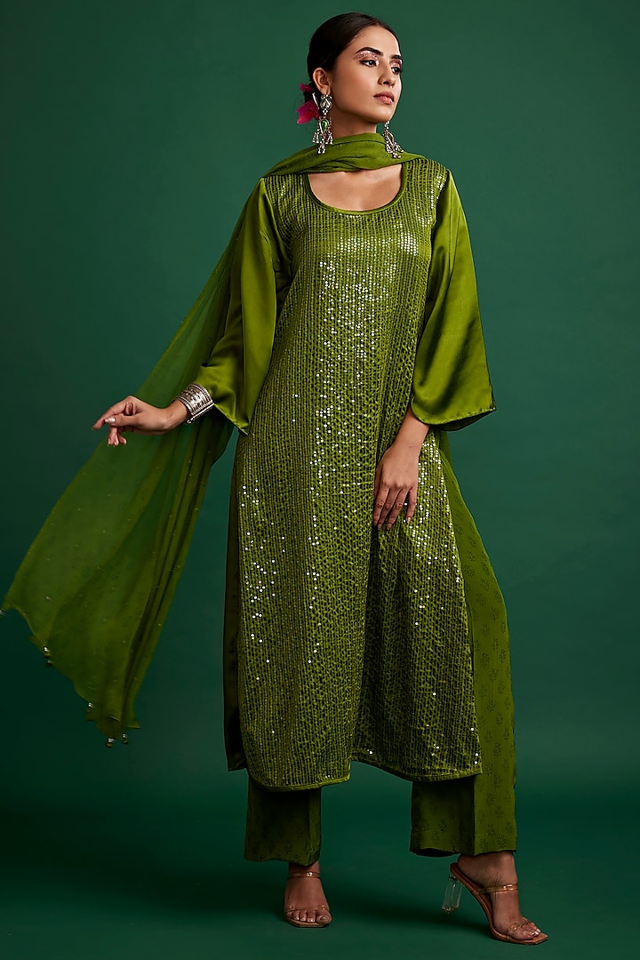 Olive Silk Satin Sequins Handcrafted Kurta Set by Apeksha Jain Label