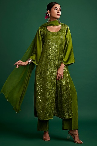 Olive Silk Satin Sequins Handcrafted Kurta Set by Apeksha Jain Label