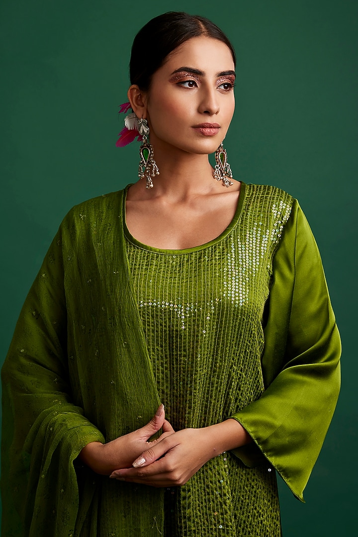 Olive Silk Satin Sequins Handcrafted Kurta Set by Apeksha Jain Label at Pernia's Pop Up Shop
