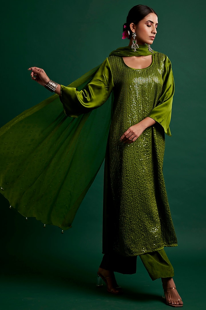 Olive Silk Satin Sequins Handcrafted Kurta Set by Apeksha Jain Label at Pernia's Pop Up Shop