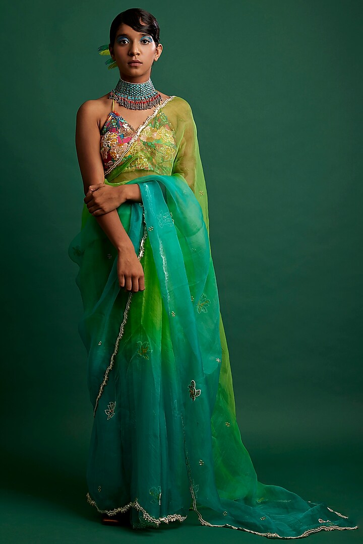 Lime & Turquoise Organza Pearl Motif Saree Set by Apeksha Jain Label