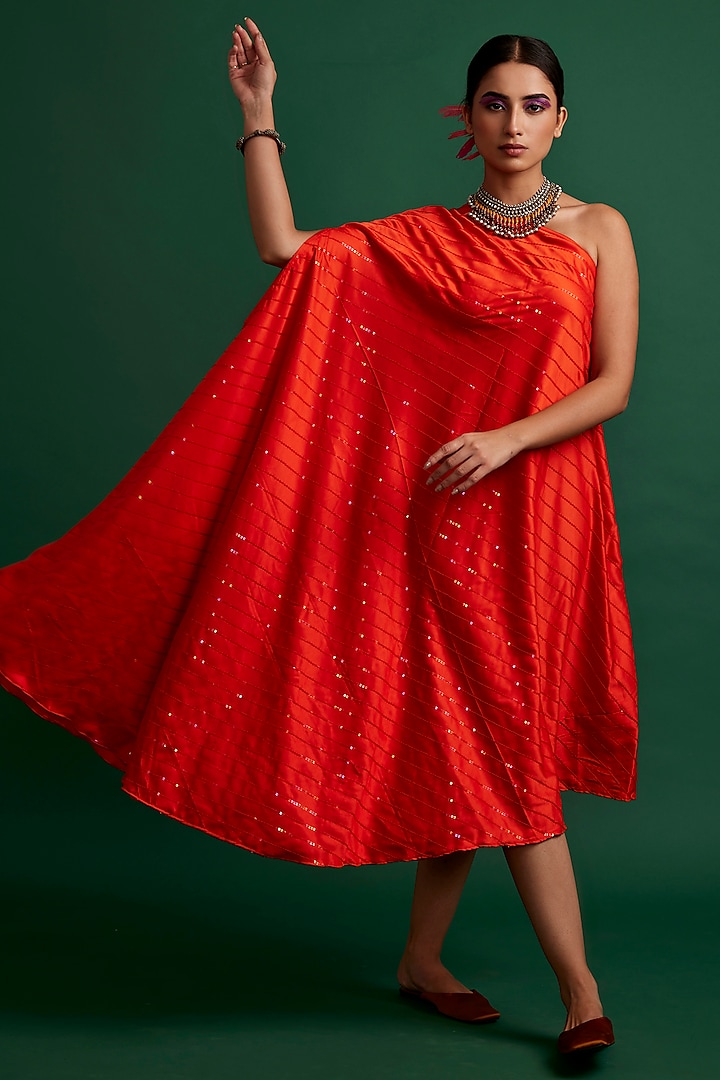 Orange Silk Satin Sequins Handcrafted One-Shoulder Dress by Apeksha Jain Label