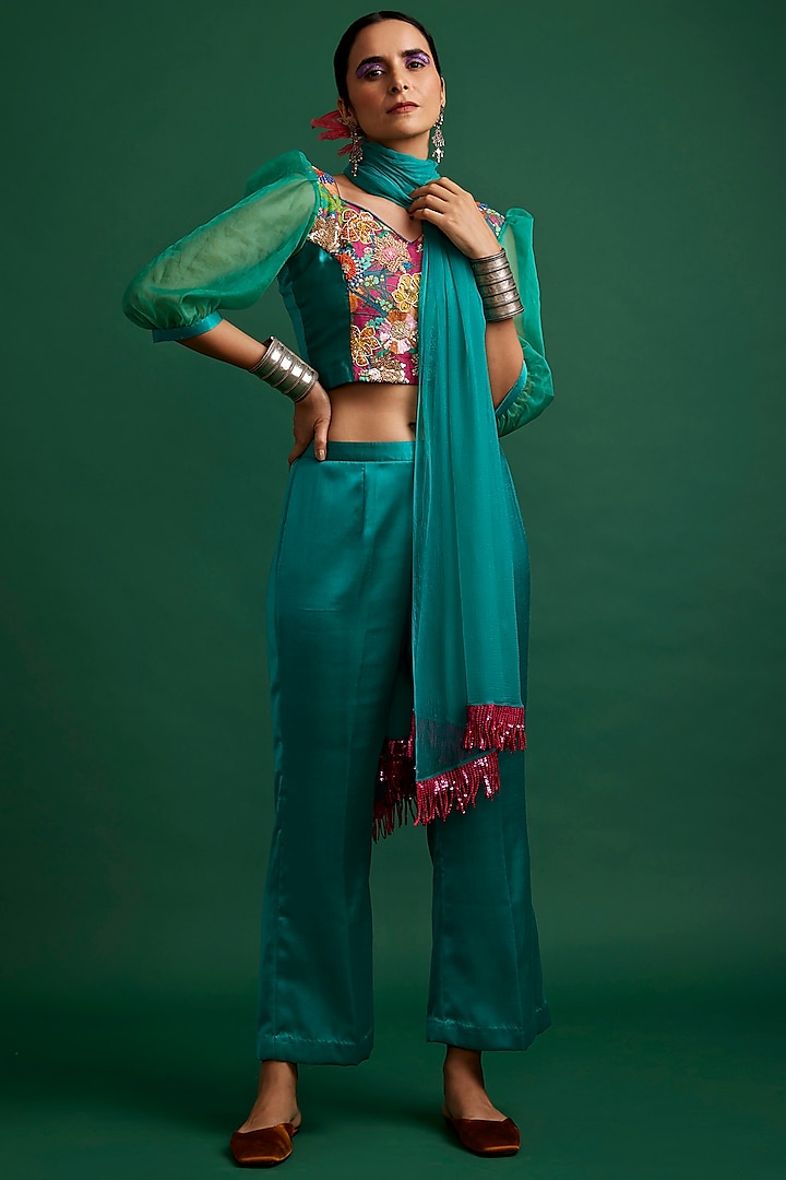 Turquoise Silk Satin Pant Set by Apeksha Jain Label
