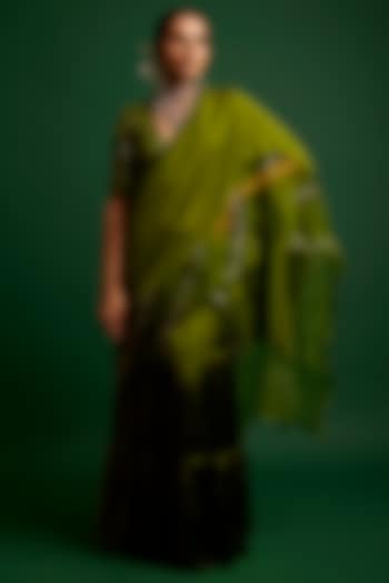 Olive Silk Satin Kasab Work Ruffled Saree Set by Apeksha Jain Label